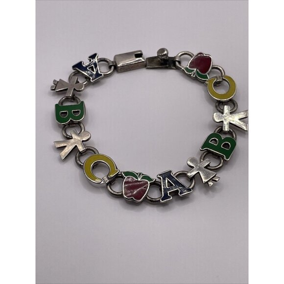 Mexico 925 Silver Enamel ABC Teacher Children Kids Chain Bracelet Vintage A277 - Picture 3 of 16